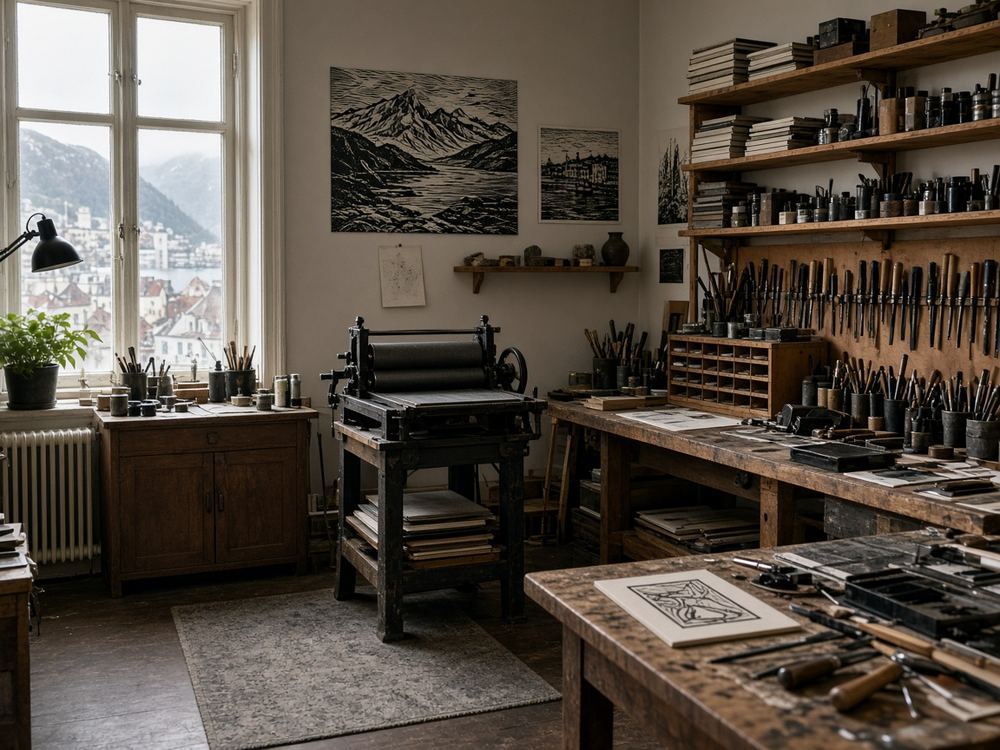 About the Printmaking / linocut studio studio at Quietport Print Studio