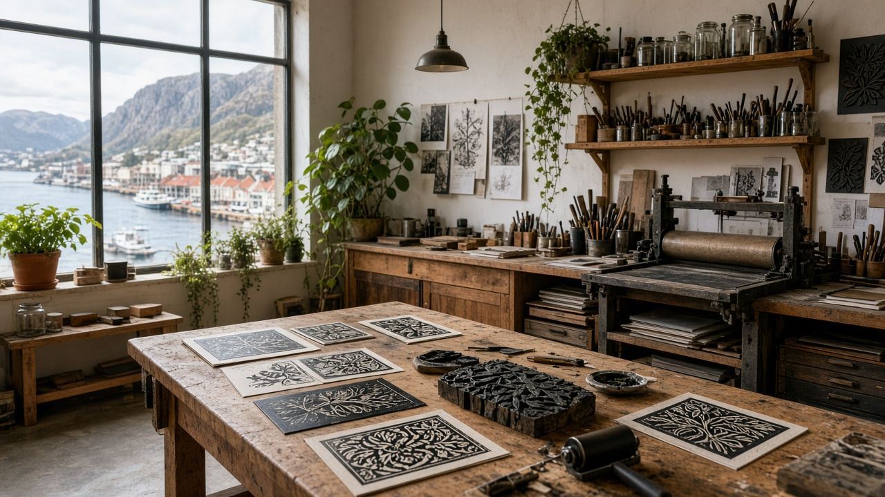 Printmaking / linocut studio workspace at Quietport Print Studio